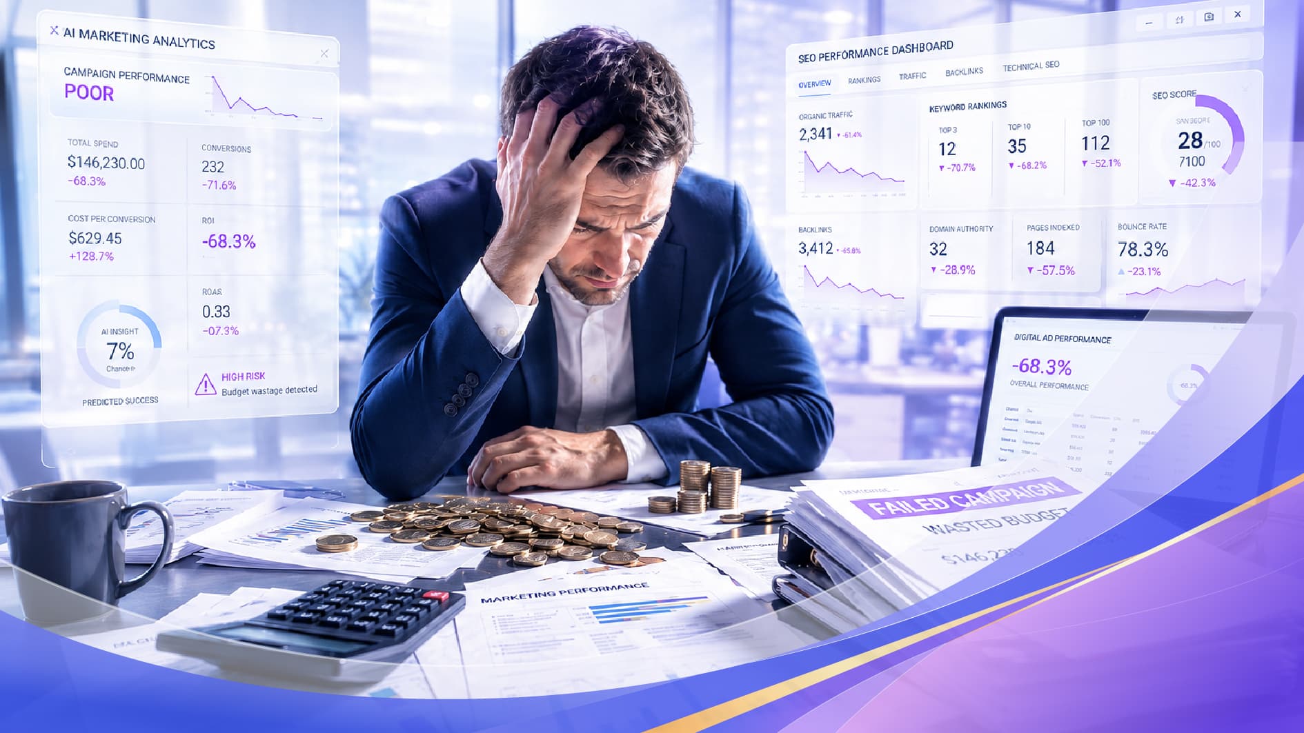 Business owner reviewing poor marketing and SEO performance results