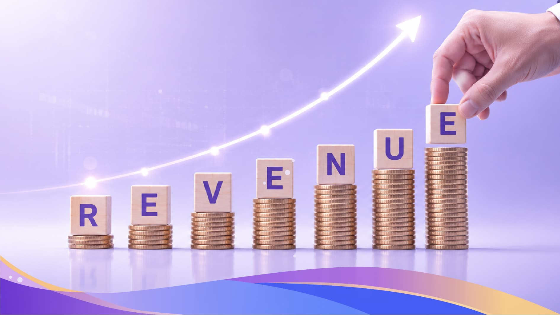 Revenue growth represented by stacked coins and a rising chart