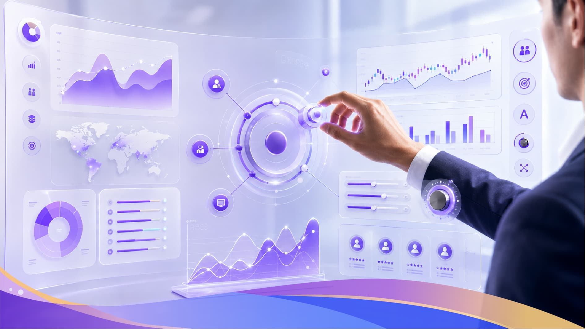 Executive interacting with an audience and analytics dashboard