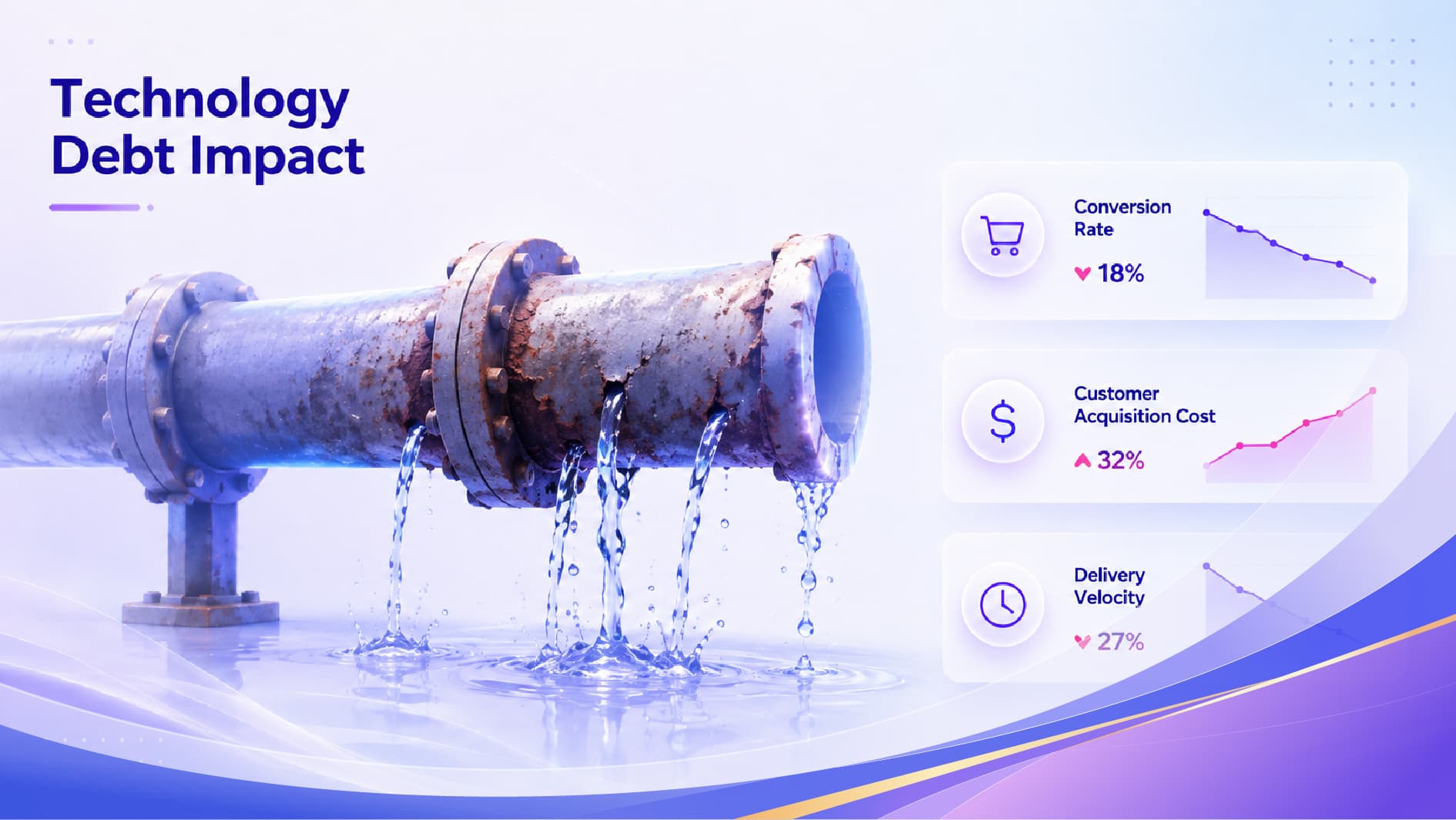 Leaking pipeline illustrating the business impact of technology debt